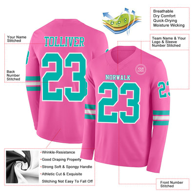 Custom Pink Aqua-White Long Sleeve Authentic Football Jersey
