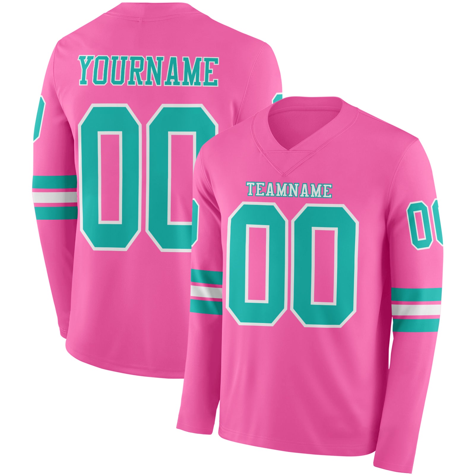 Custom Pink Aqua-White Long Sleeve Authentic Football Jersey