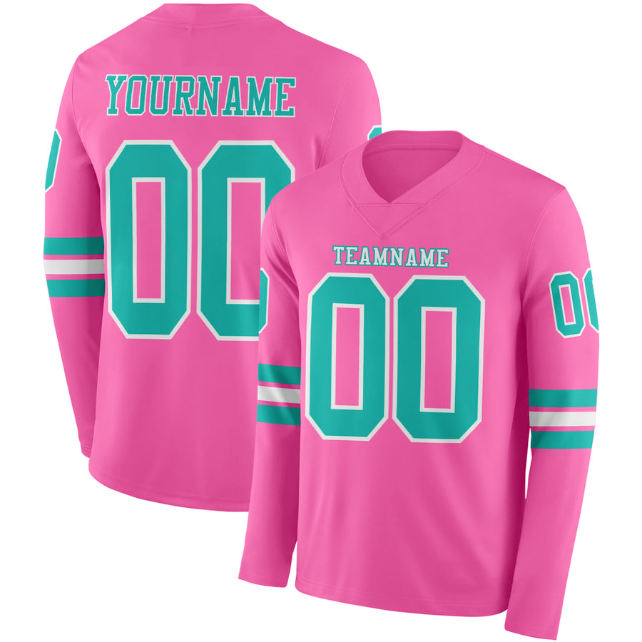 Custom Pink Aqua-White Long Sleeve Authentic Football Jersey