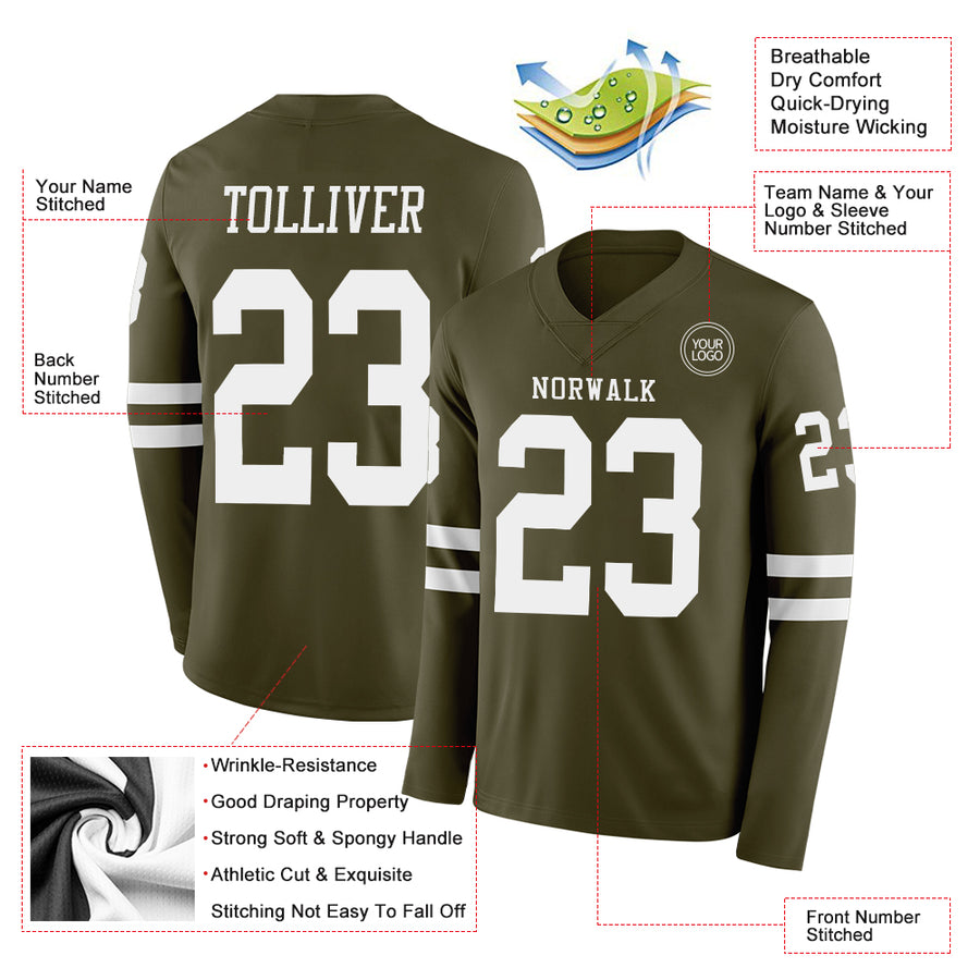 Custom Olive White Long Sleeve Salute To Service Authentic Football Jersey
