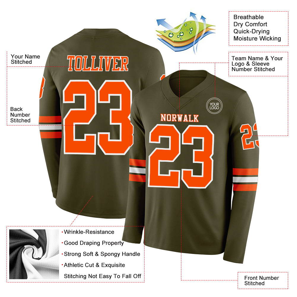 Custom Olive Orange-White Long Sleeve Salute To Service Authentic Football Jersey