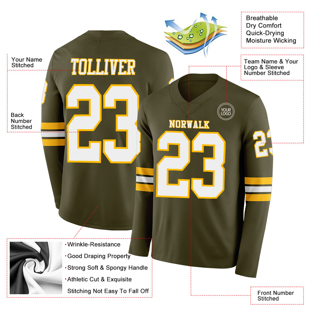 Custom Olive White-Gold Long Sleeve Salute To Service Authentic Football Jersey