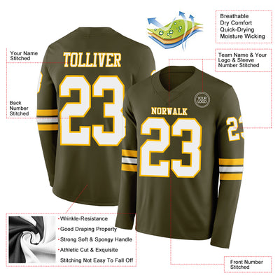 Custom Olive White-Gold Long Sleeve Salute To Service Authentic Football Jersey