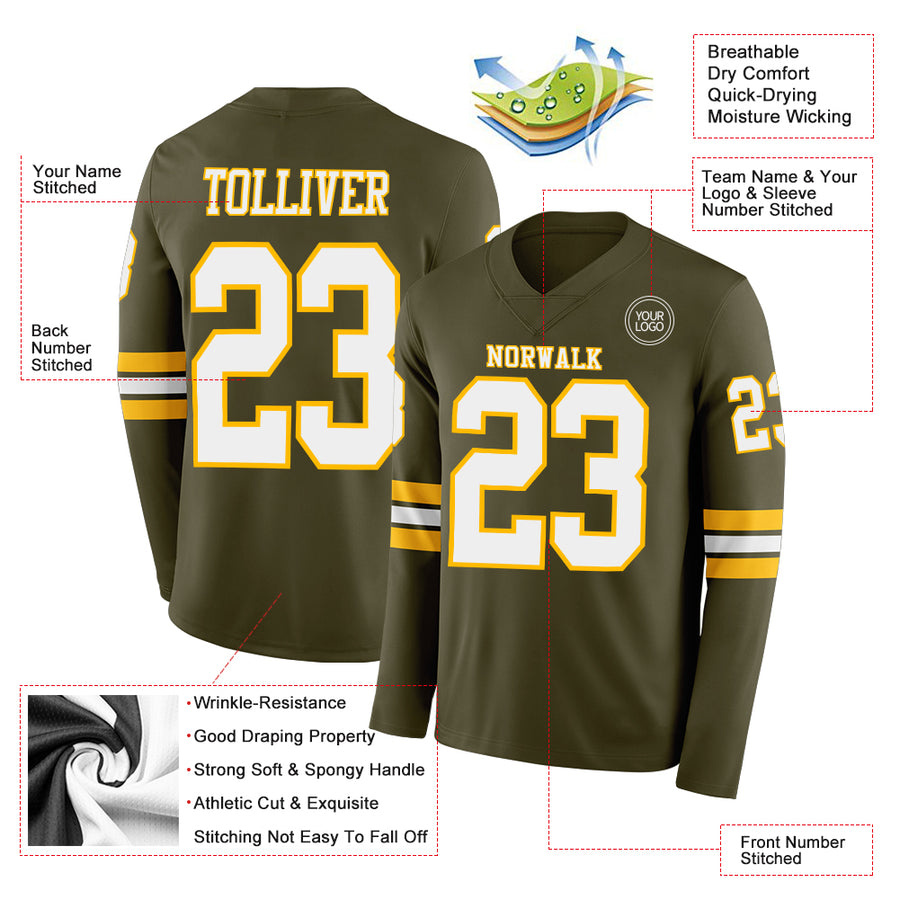 Custom Olive White-Gold Long Sleeve Salute To Service Authentic Football Jersey