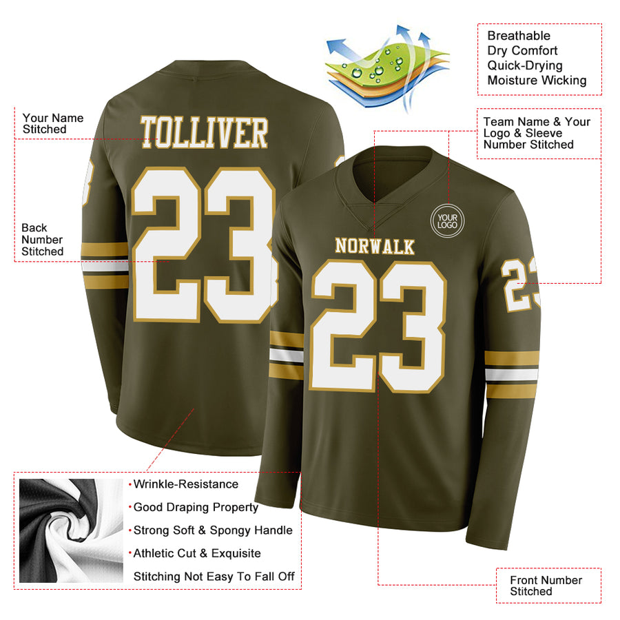 Custom Olive White-Old Gold Long Sleeve Salute To Service Authentic Football Jersey