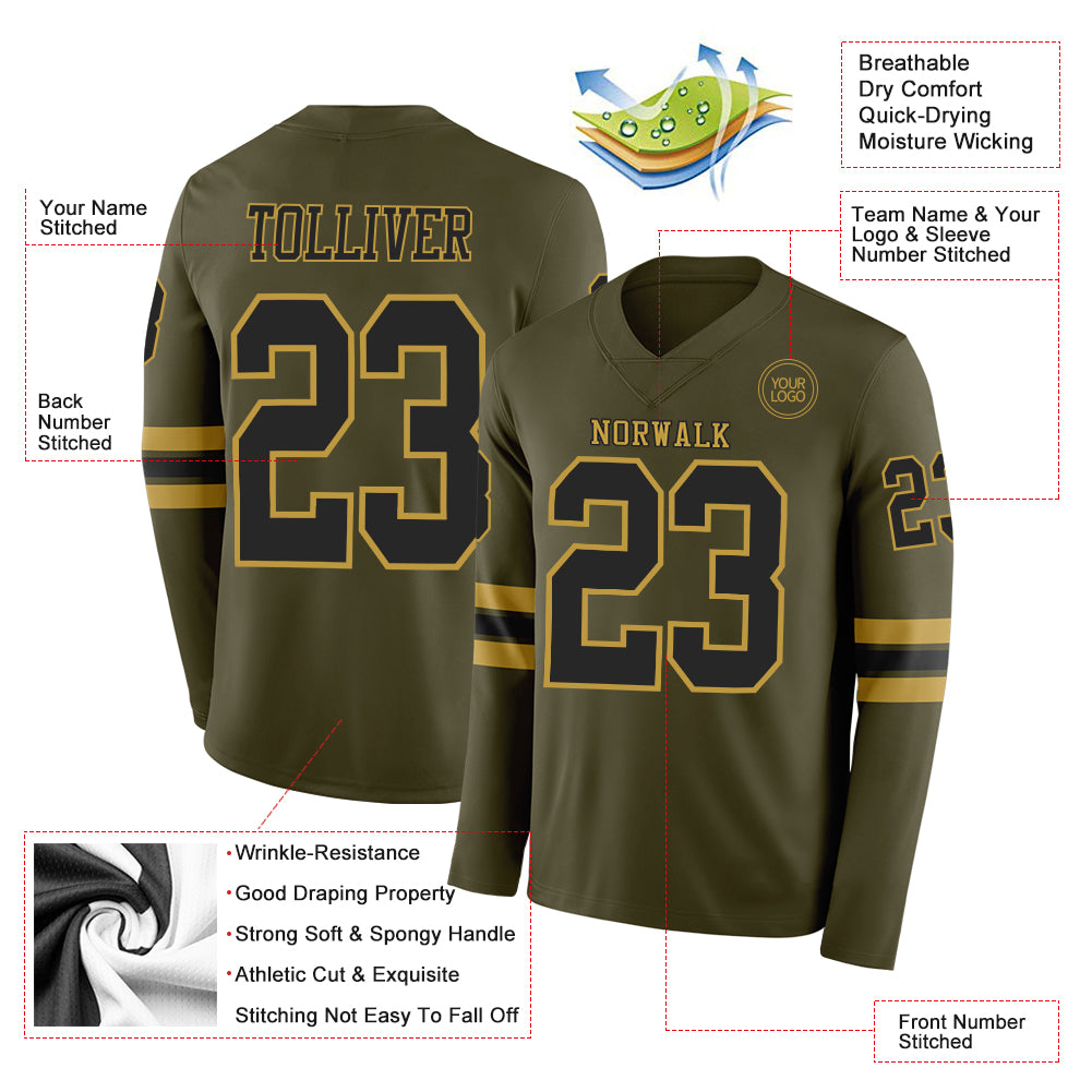 Custom Olive Black-Old Gold Long Sleeve Salute To Service Authentic Football Jersey