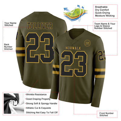 Custom Olive Black-Old Gold Long Sleeve Salute To Service Authentic Football Jersey