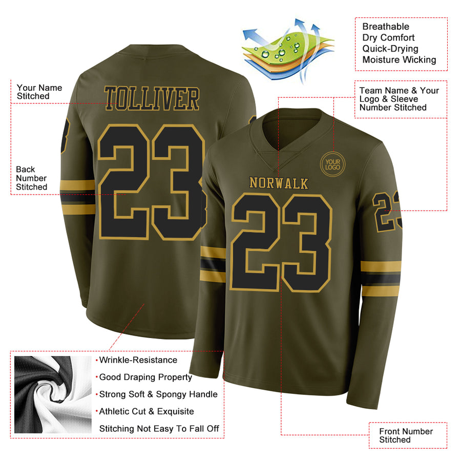 Custom Olive Black-Old Gold Long Sleeve Salute To Service Authentic Football Jersey