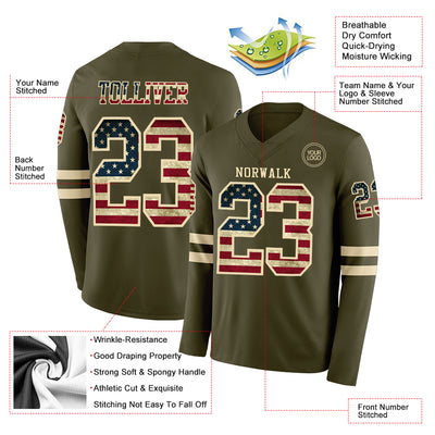 Custom Olive Vintage USA Flag-Cream Long Sleeve Salute To Service Authentic Football Jersey