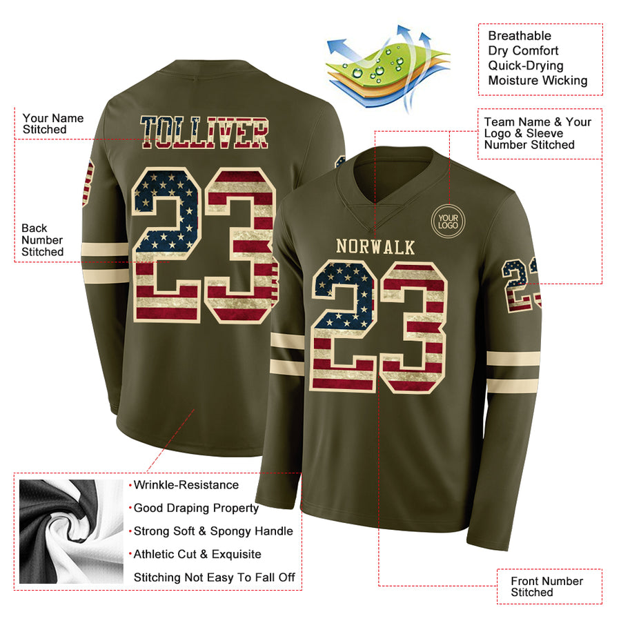 Custom Olive Vintage USA Flag-Cream Long Sleeve Salute To Service Authentic Football Jersey