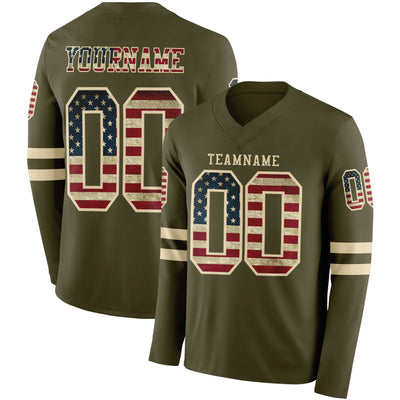 Custom Olive Vintage USA Flag-Cream Long Sleeve Salute To Service Authentic Football Jersey