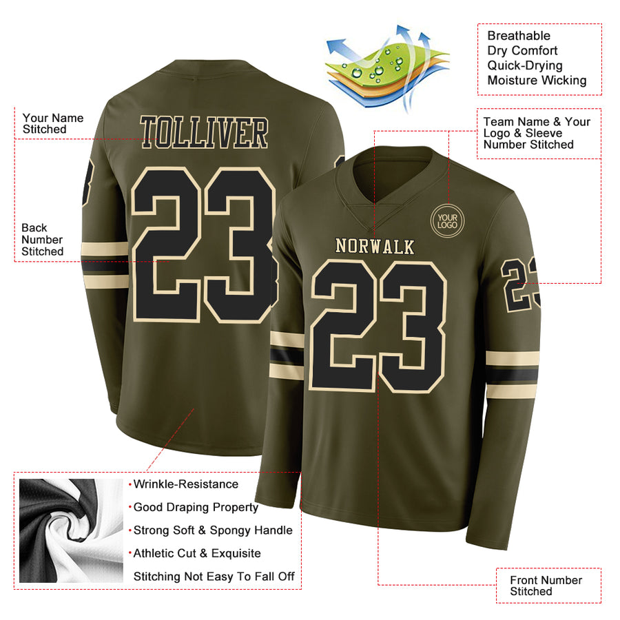 Custom Olive Black-Cream Long Sleeve Salute To Service Authentic Football Jersey