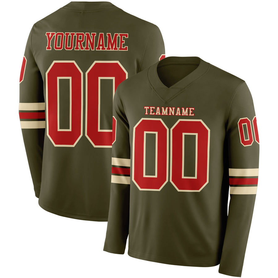 Custom Olive Red-Cream Long Sleeve Salute To Service Authentic Football Jersey