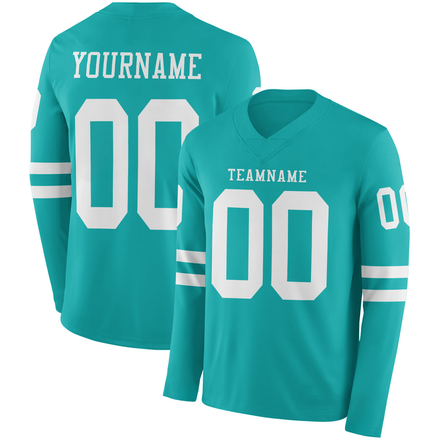 Custom Aqua White Long Sleeve Authentic Football Jersey