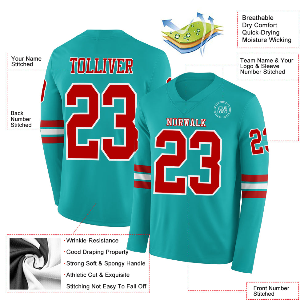 Custom Aqua Red-White Long Sleeve Authentic Football Jersey