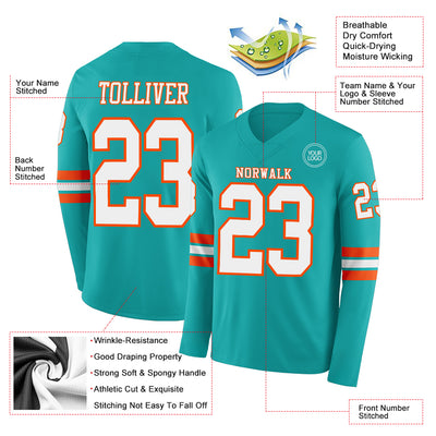 Custom Aqua White-Orange Long Sleeve Authentic Football Jersey