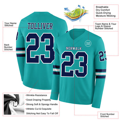 Custom Aqua Navy-White Long Sleeve Authentic Football Jersey