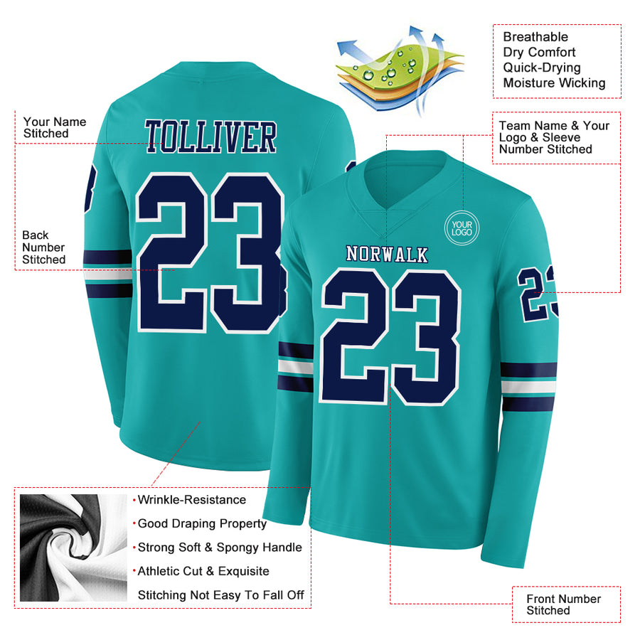 Custom Aqua Navy-White Long Sleeve Authentic Football Jersey