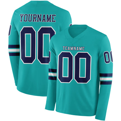 Custom Aqua Navy-White Long Sleeve Authentic Football Jersey