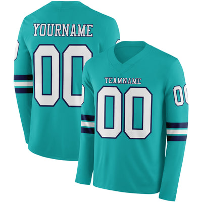 Custom Aqua White-Navy Long Sleeve Authentic Football Jersey