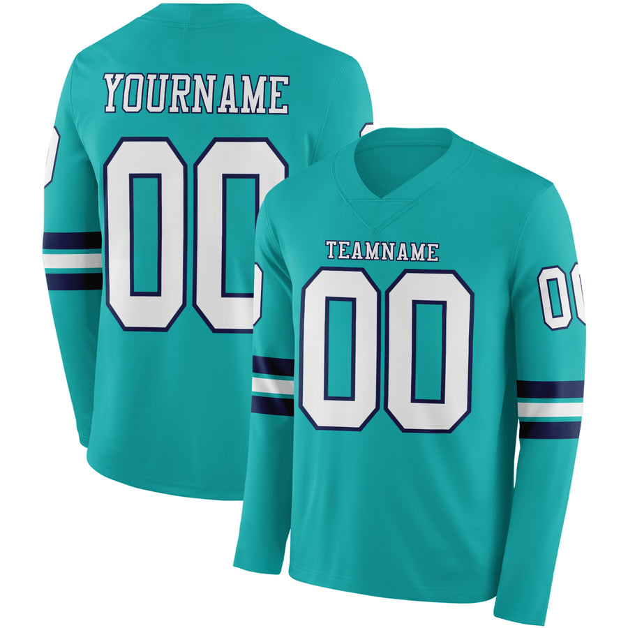 Custom Aqua White-Navy Long Sleeve Authentic Football Jersey