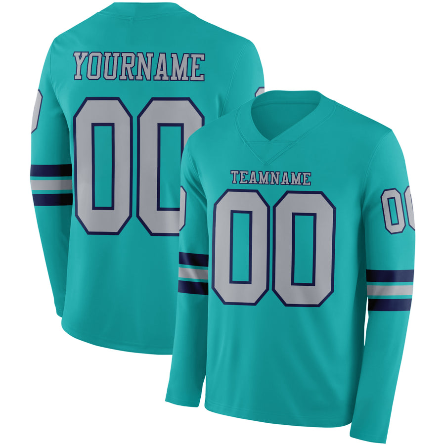 Custom Aqua Gray-Navy Long Sleeve Authentic Football Jersey