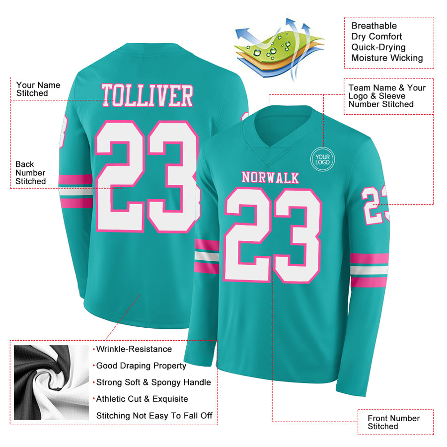 Custom Aqua White-Pink Long Sleeve Authentic Football Jersey