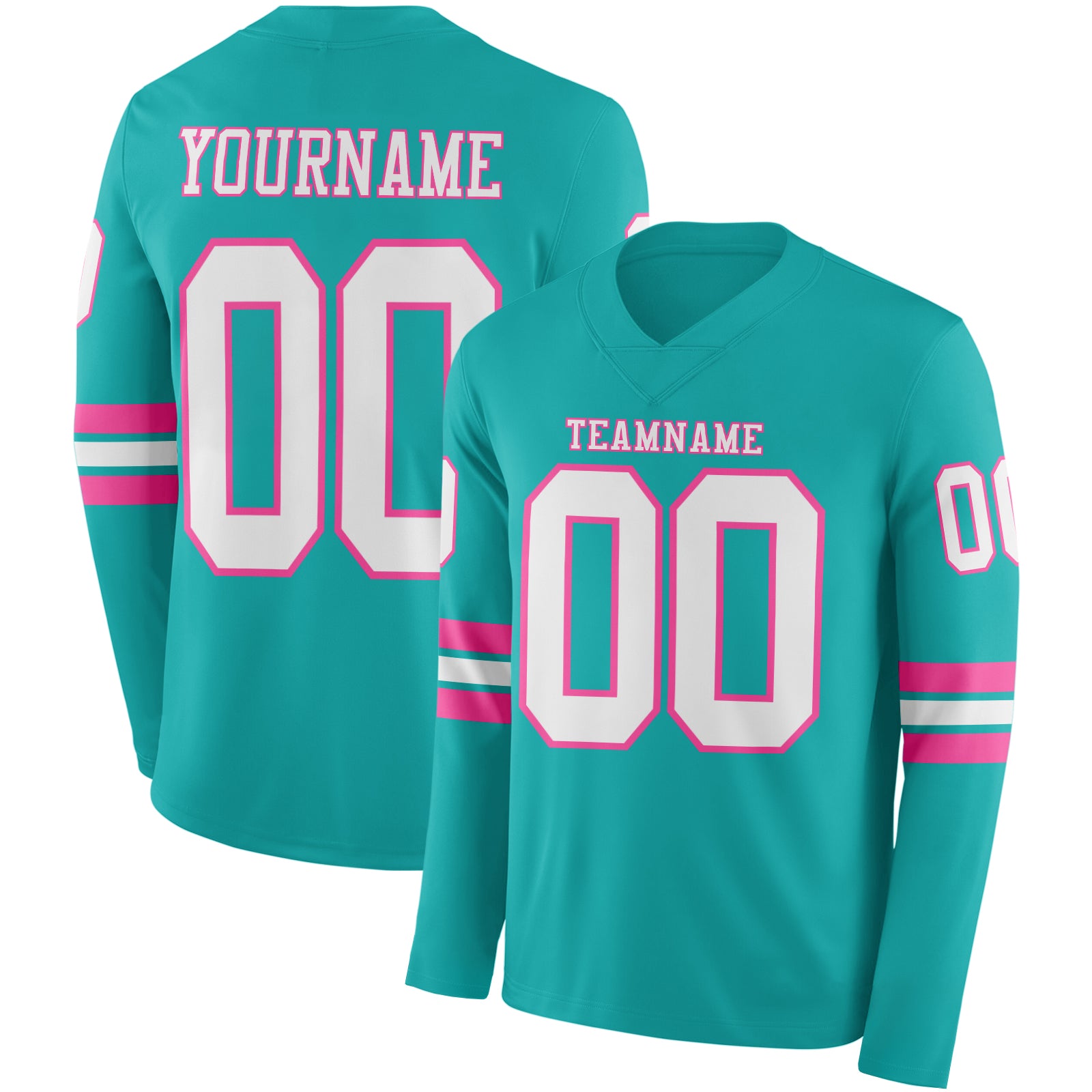 Custom Aqua White-Pink Long Sleeve Authentic Football Jersey