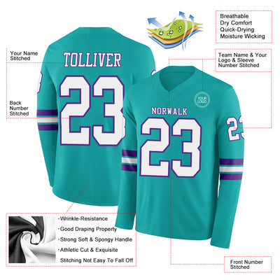 Custom Aqua White-Purple Long Sleeve Authentic Football Jersey