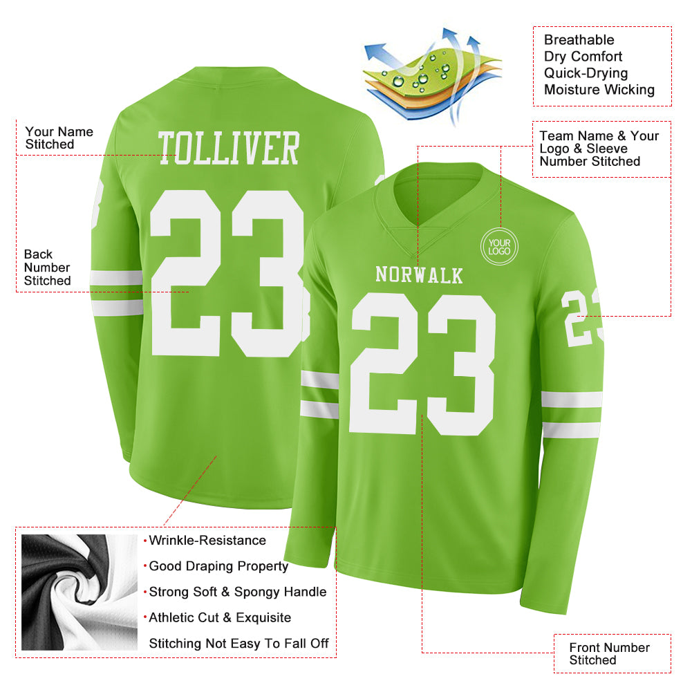 Custom Neon Green White Long Sleeve Authentic Football Jersey