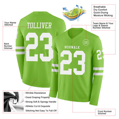 Custom Neon Green White Long Sleeve Authentic Football Jersey