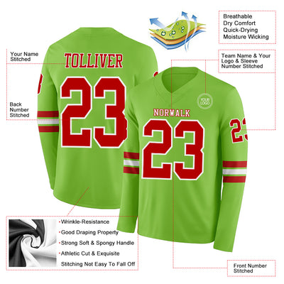 Custom Neon Green Red-White Long Sleeve Authentic Football Jersey