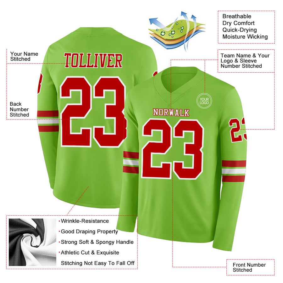 Custom Neon Green Red-White Long Sleeve Authentic Football Jersey