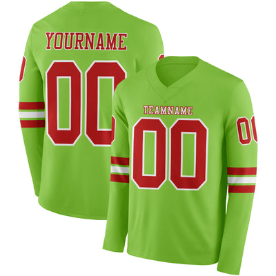 Custom Neon Green Red-White Long Sleeve Authentic Football Jersey