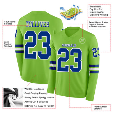 Custom Neon Green Royal-White Long Sleeve Authentic Football Jersey