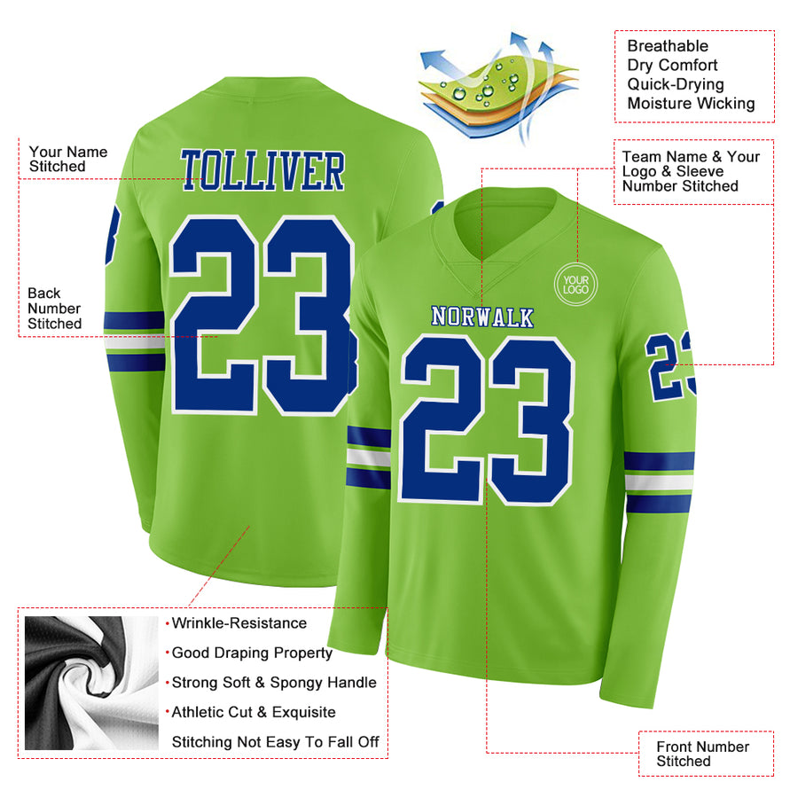 Custom Neon Green Royal-White Long Sleeve Authentic Football Jersey