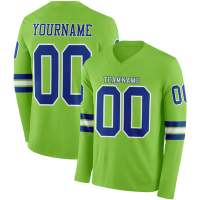 Custom Neon Green Royal-White Long Sleeve Authentic Football Jersey