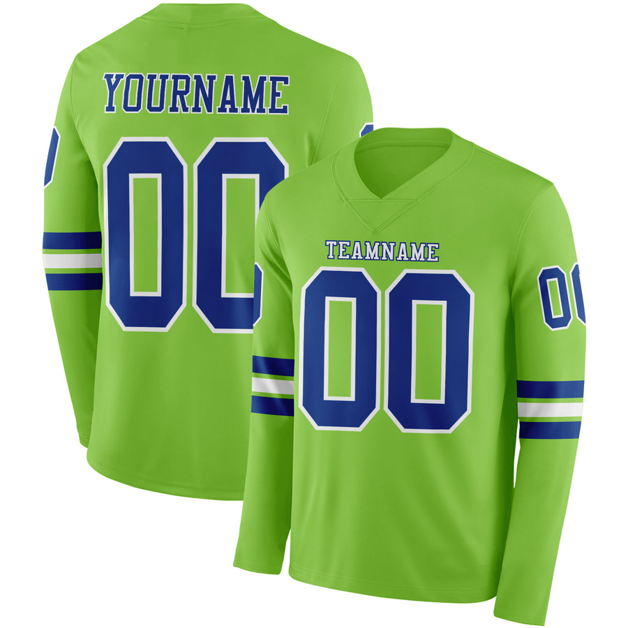 Custom Neon Green Royal-White Long Sleeve Authentic Football Jersey