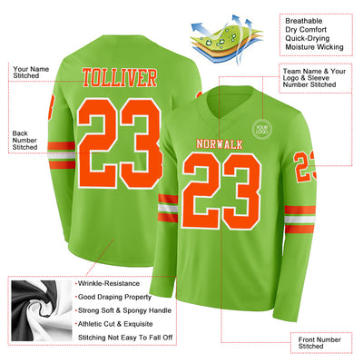 Custom Neon Green Orange-White Long Sleeve Authentic Football Jersey