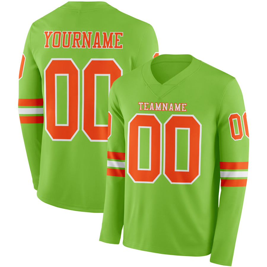 Custom Neon Green Orange-White Long Sleeve Authentic Football Jersey