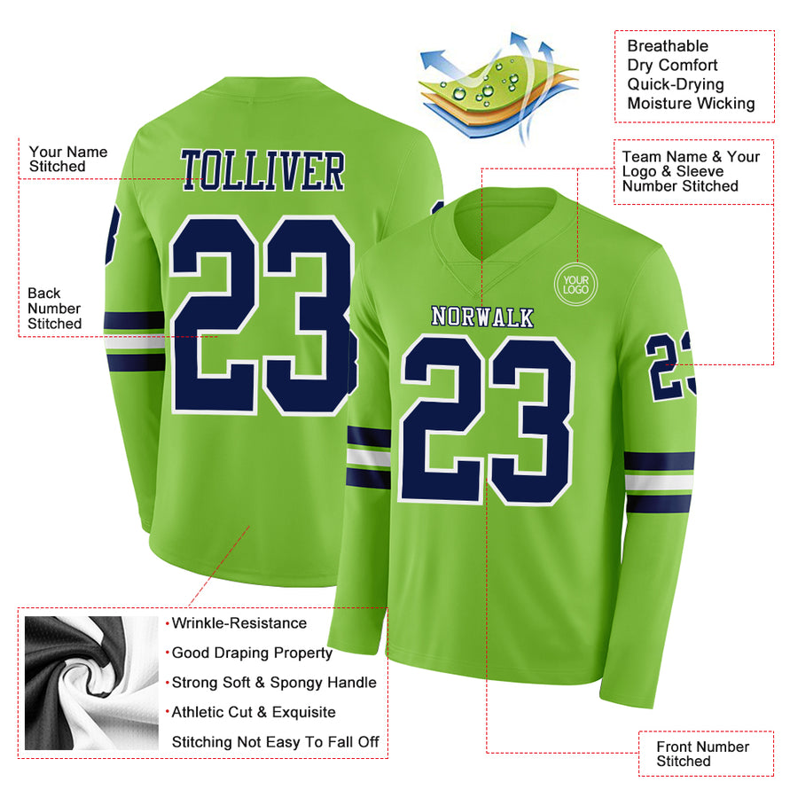 Custom Neon Green Navy-White Long Sleeve Authentic Football Jersey