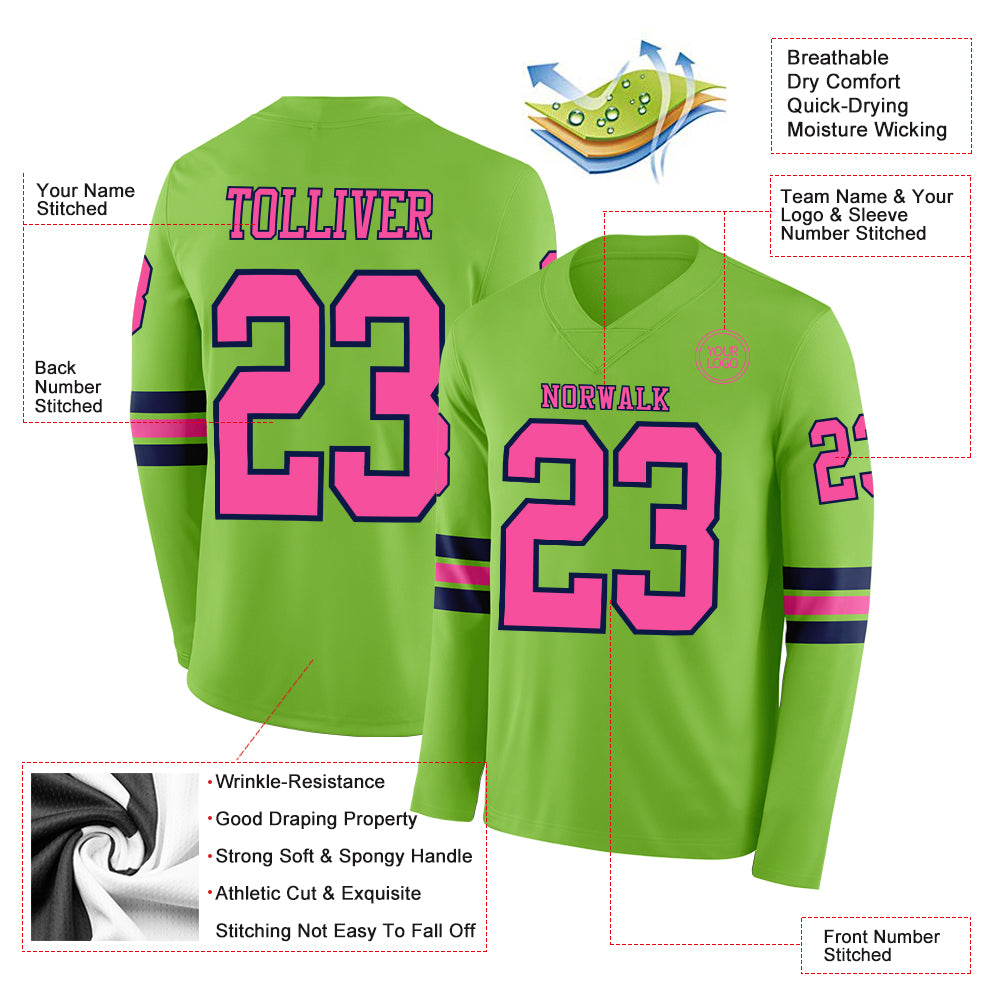 Custom Neon Green Pink-Navy Long Sleeve Authentic Football Jersey