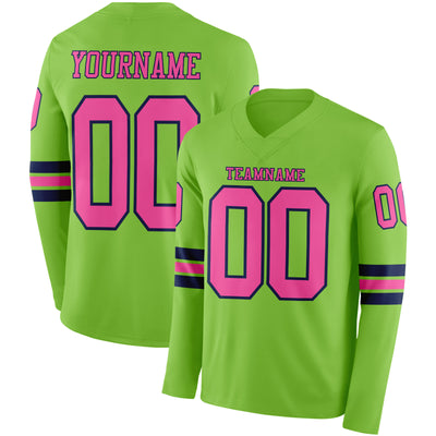 Custom Neon Green Pink-Navy Long Sleeve Authentic Football Jersey