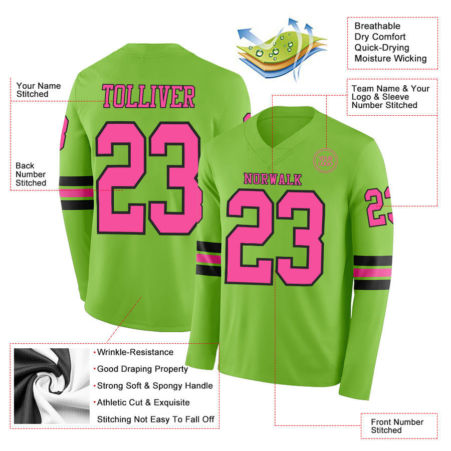 Custom Neon Green Pink-Black Long Sleeve Authentic Football Jersey