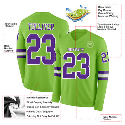 Custom Neon Green Purple-White Long Sleeve Authentic Football Jersey
