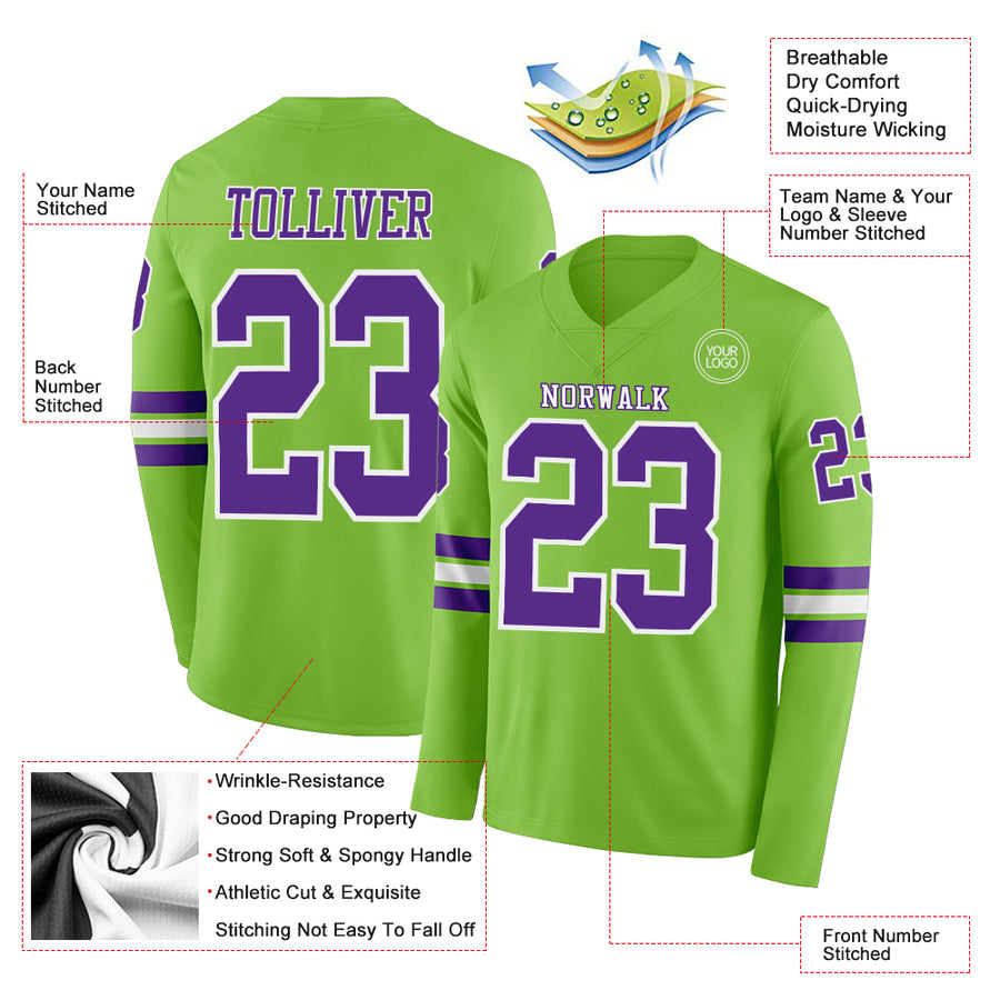 Custom Neon Green Purple-White Long Sleeve Authentic Football Jersey