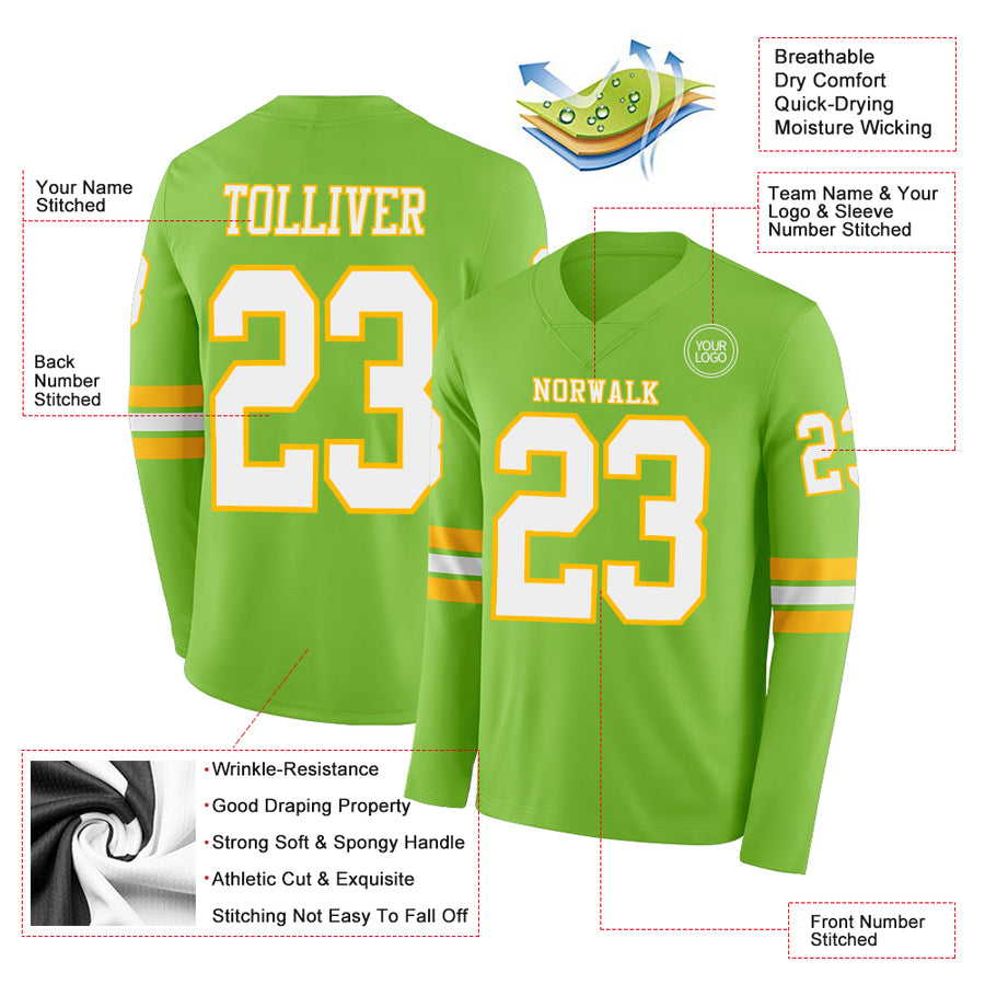 Custom Neon Green White-Gold Long Sleeve Authentic Football Jersey