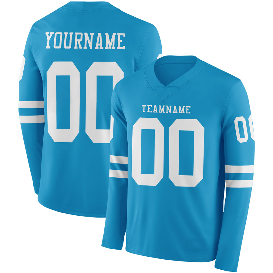 Custom Panther Blue White Long Sleeve Authentic Football Jersey