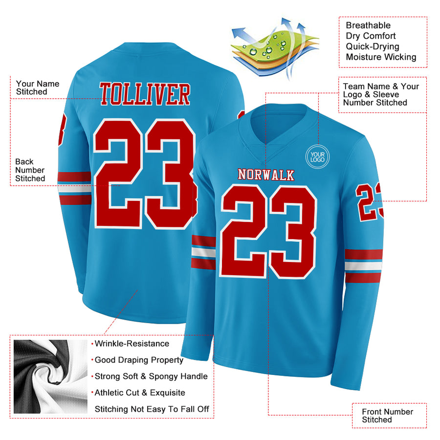 Custom Panther Blue Red-White Long Sleeve Authentic Football Jersey