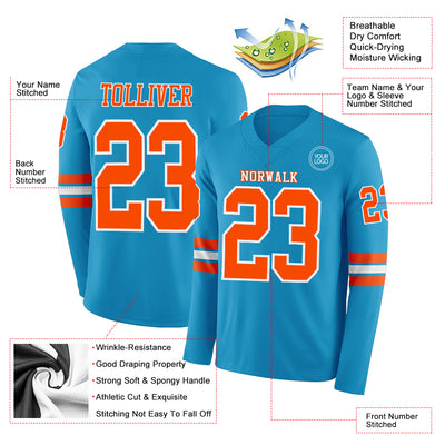 Custom Panther Blue Orange-White Long Sleeve Authentic Football Jersey